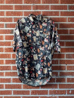 Vintage Carlyle Golf Shirt Mens M Black Print Short Sleeve Button Down Cotton